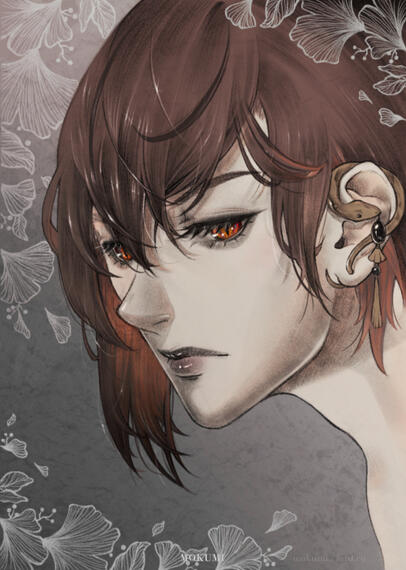 Portrait style illustration of a popular erogames gacha character. The colourpalette is conciously chosen very limited, as a simple way to illustrate the pencil drawing artstyle. Despite the traditional look, the piece is done 100% digital