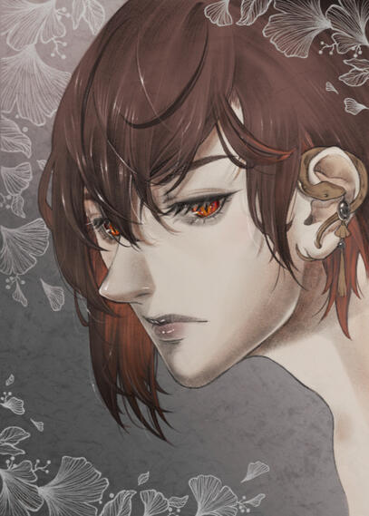 Portrait style illustration of a popular erogames gacha character. The colourpalette is conciously chosen very limited, as a simple way to illustrate the pencil drawing artstyle. Despite the traditional look, the piece is done 100% digital