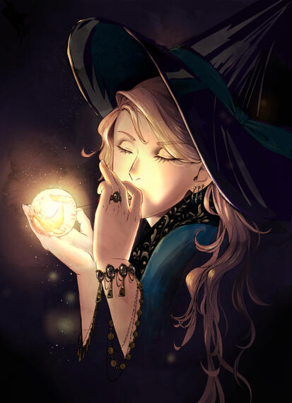 a witch glassblowing a sphere with a whale inside. The mood is whimsical and fantastic and in a warm light. She's wearing jewellery and clothes with ornamented collar