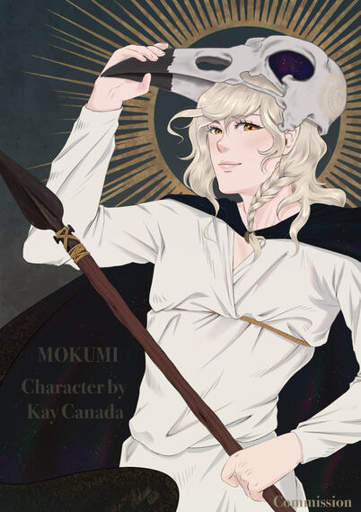 a young elven man, wearing a scary raven skull mask or helmet that is decorated with a golden sun. His clothes are in a warm and light grey and his dark, almost black coat is decorated with very sublte golden ornaments too. He's holding a fairly archaic lo