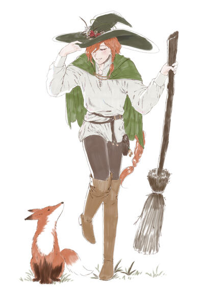 a character concept. My interpretation of a character that exists with barely any visual descriptions. A young man wearing a large witch hat, greeting and dipping his head to a fox companion, while having a broom in his hand. His hat is decorated with flow
