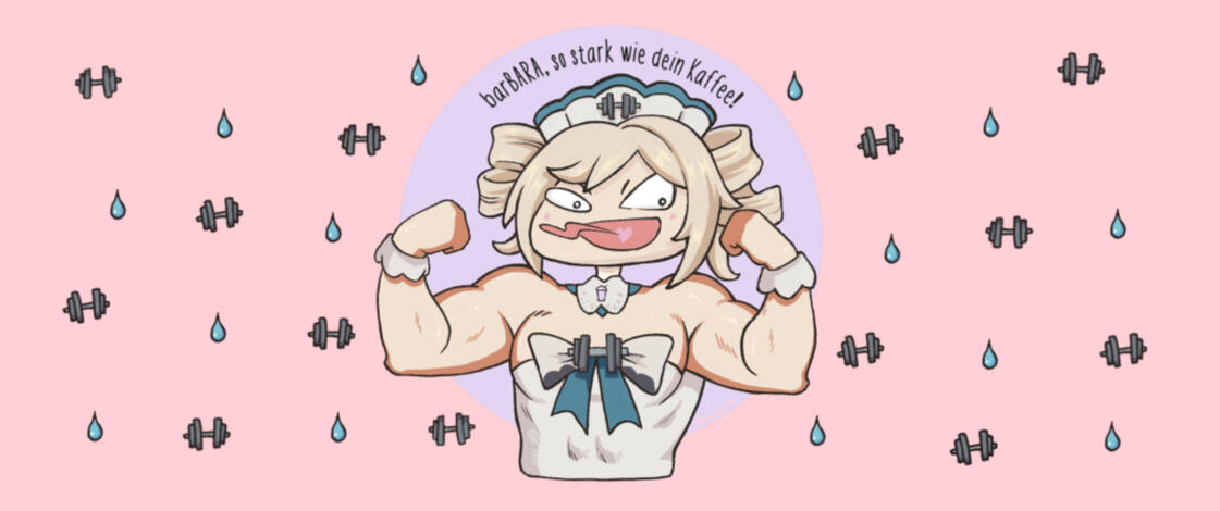 a joke on a pun with genshins character barbara and "bara" the genre that is filled with very muscular men. Pastel colours and a very muscular barbara decorated with barbells and sweat drops. Her neck-piece is decorated with a small protein-shake ornament
