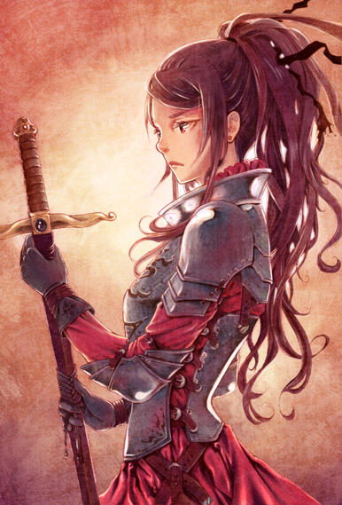 A female knight in armour. The fabric of her clothes are red and also her brown hair looks reddish, thanks to the dusk-like colour choices and light situation. In her hands, she holds up an almost delicate sword decorated with leatherstraps